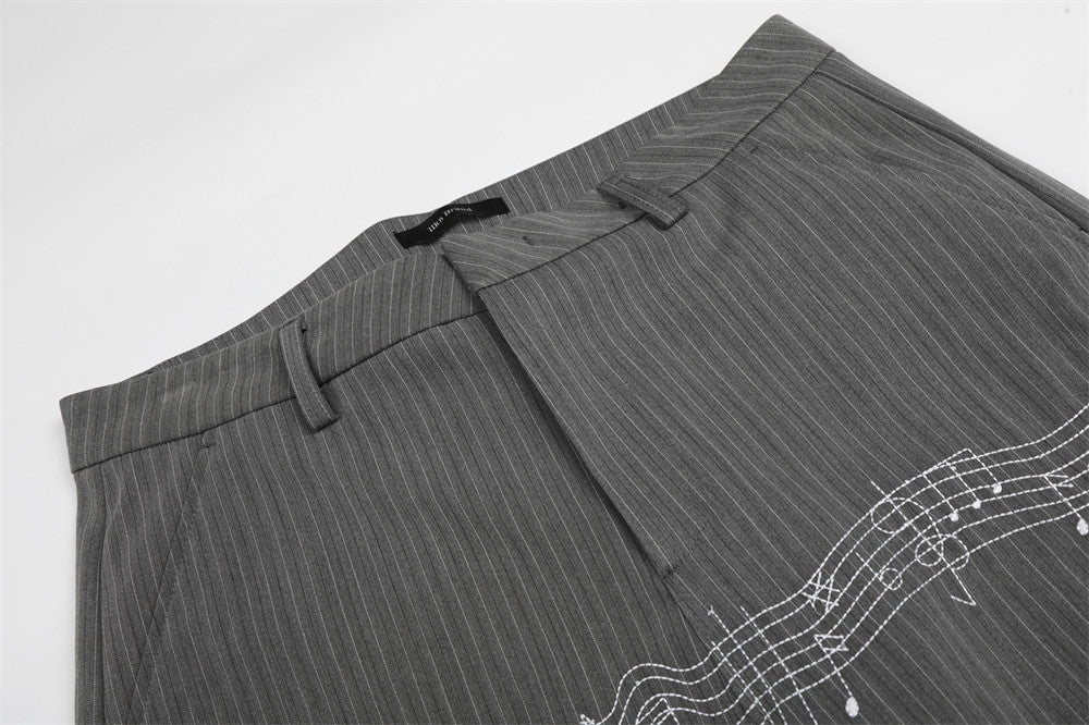 Pinstripe Wide-Leg Trousers with Music Note Embroidery