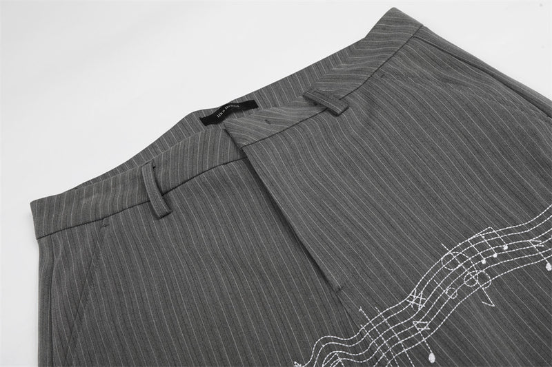 Pinstripe Wide-Leg Trousers with Music Note Embroidery