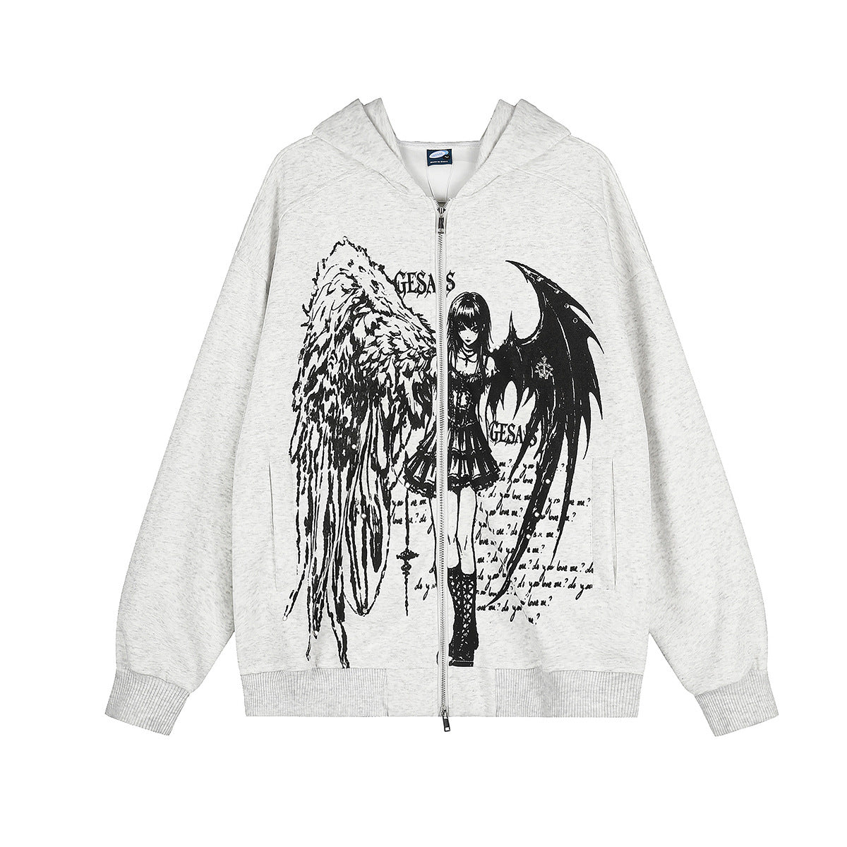Anime Angel & Demon Graphic Zip-Up Hoodie – Acid Wash Oversized Streetwear