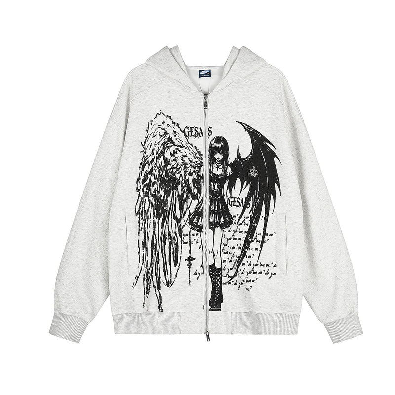 Anime Angel & Demon Graphic Zip-Up Hoodie – Acid Wash Oversized Streetwear