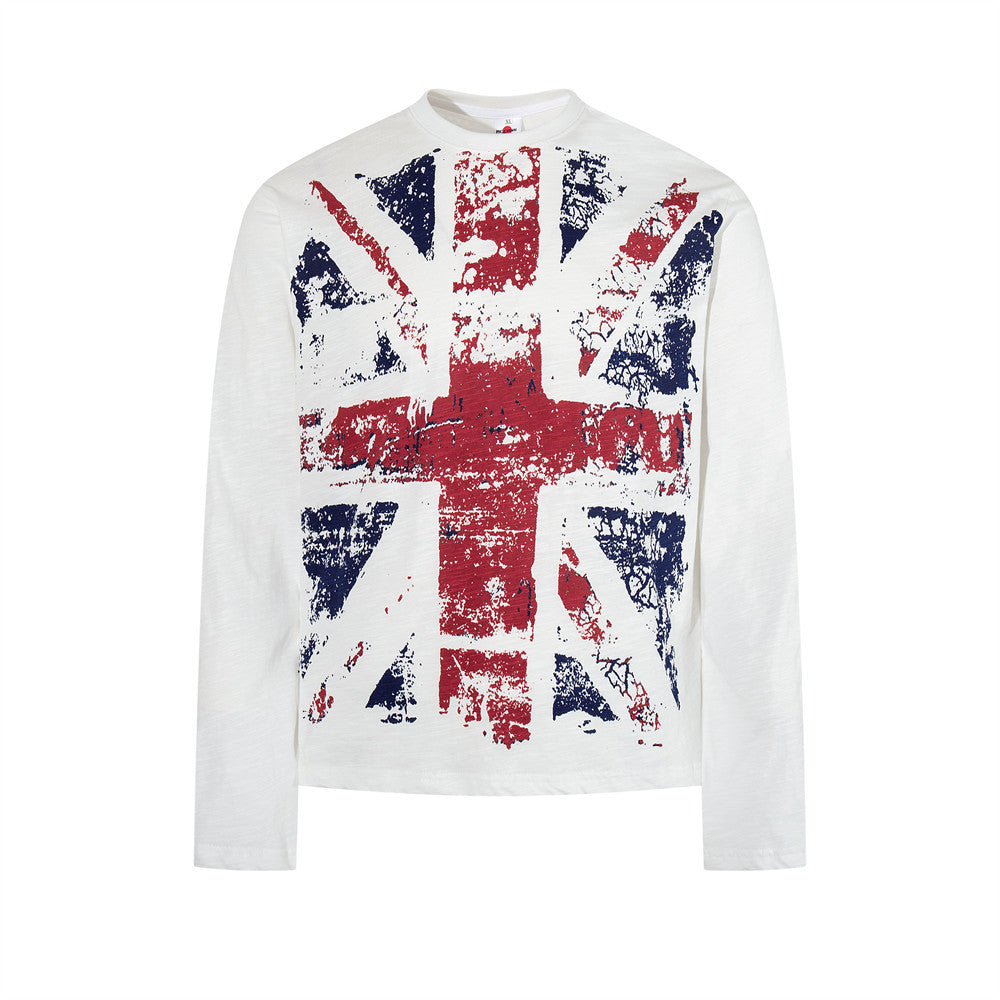 Men's white long sleeve T-shirt with distressed Union Jack graphic print on the front chest