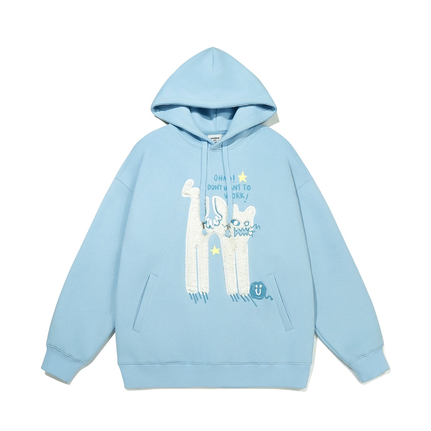 The Seakoff &quot;Oh No! I Don’t Want to Work!&quot; oversized hoodie in light blue features a lazy cat graphic, cartoon characters, and star accents. Ideal for casual streetwear, it includes a front pocket and drawstring hood for comfort.