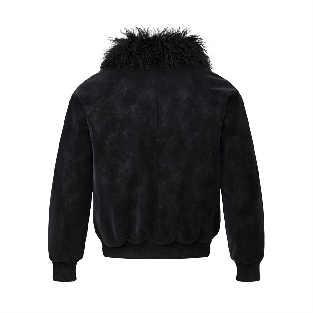 Men's Suede Bomber Jacket with Mongolian Fur Collar, Black Distressed PU Leather