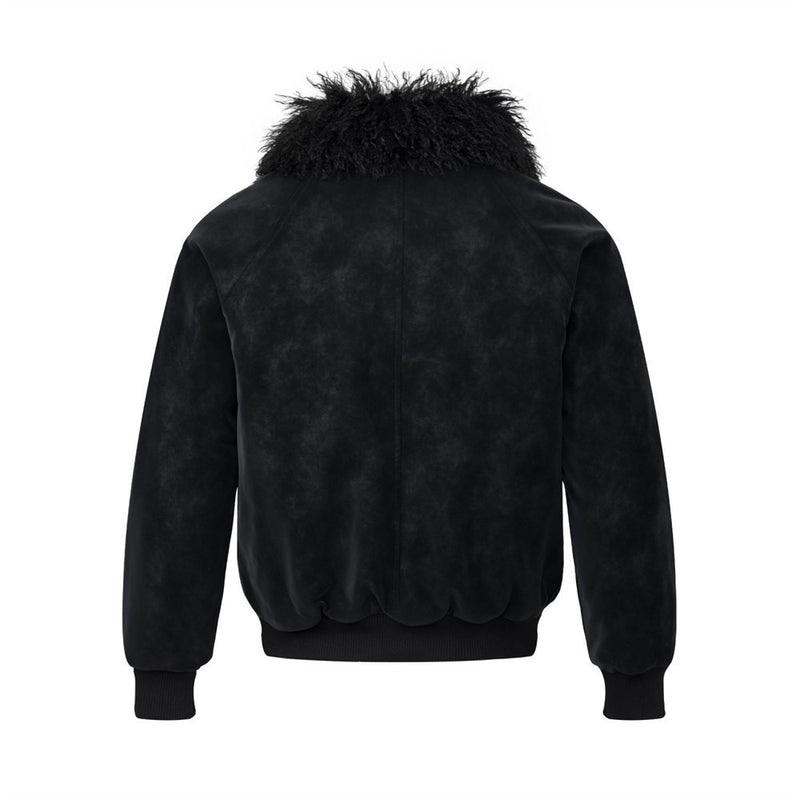 Men's Suede Bomber Jacket with Mongolian Fur Collar, Black Distressed PU Leather