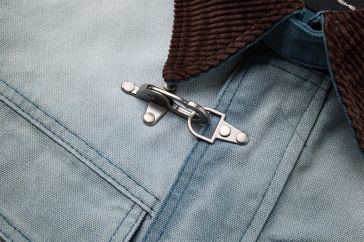 Boxy Washed Denim Workwear Jacket with Corduroy Collar & Clasp Closure