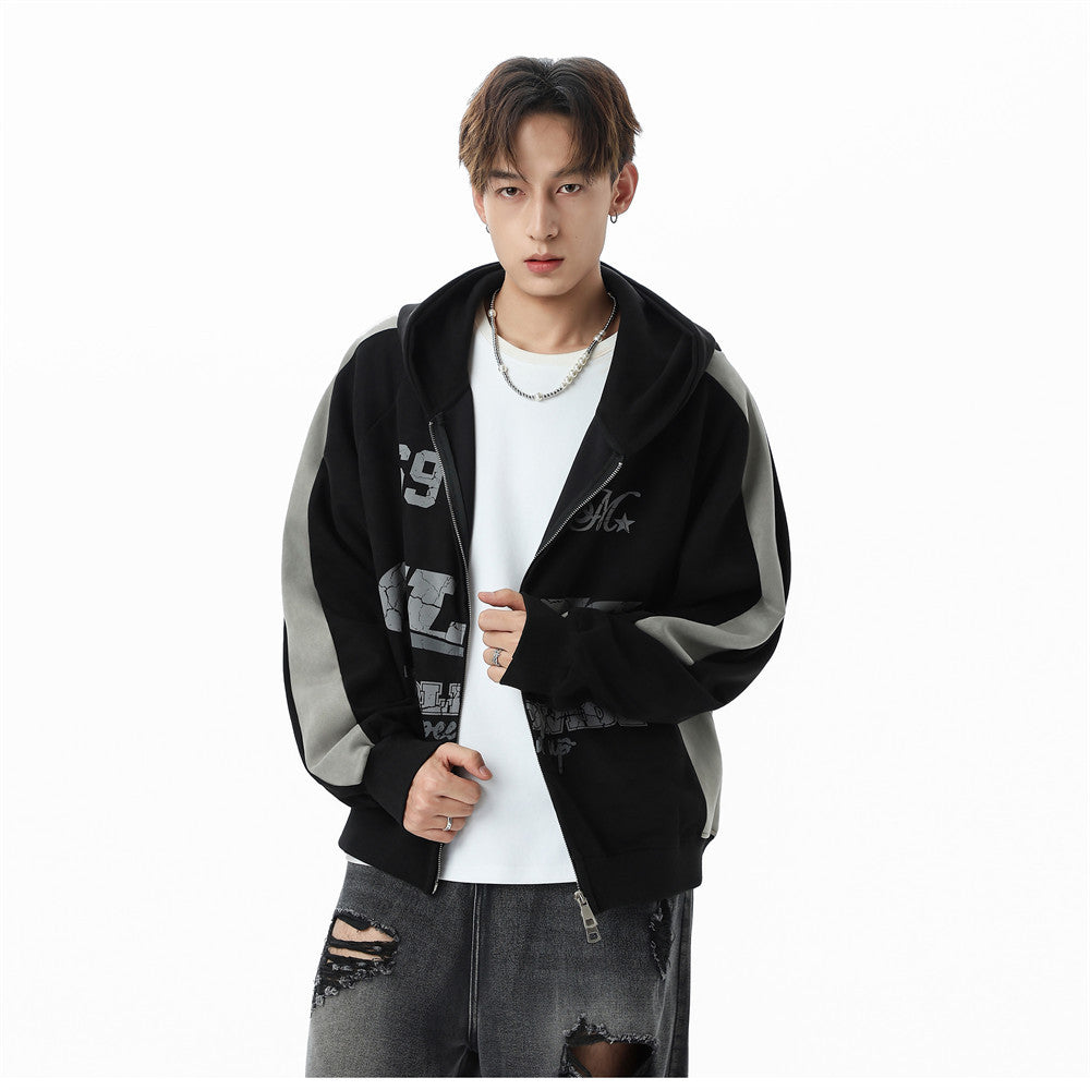 GLFS Colorblock Oversized Zip Up Hoodie – Distressed Letter Print, Dual Zipper