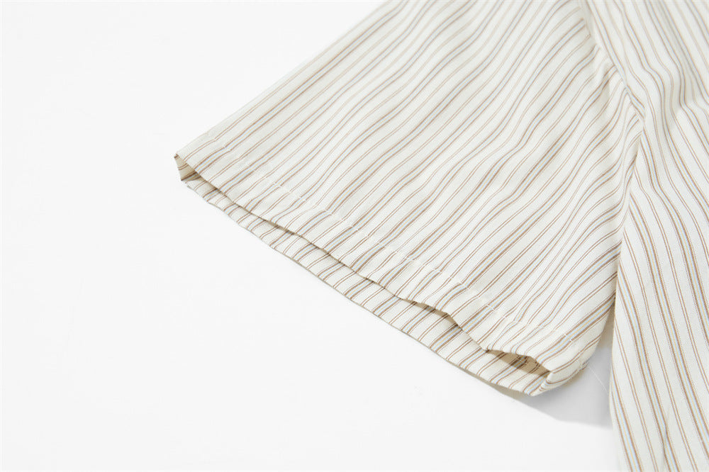 Striped Short Sleeve Shirt – Japanese Loose Fit with Necktie Detail