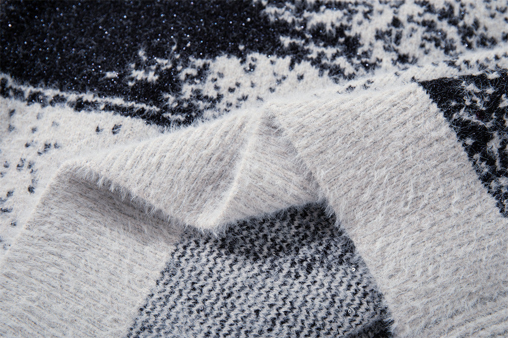 Katzen-Jacquard-Strick-Cardigan mit Reißverschluss – Oversized-Stehkragen