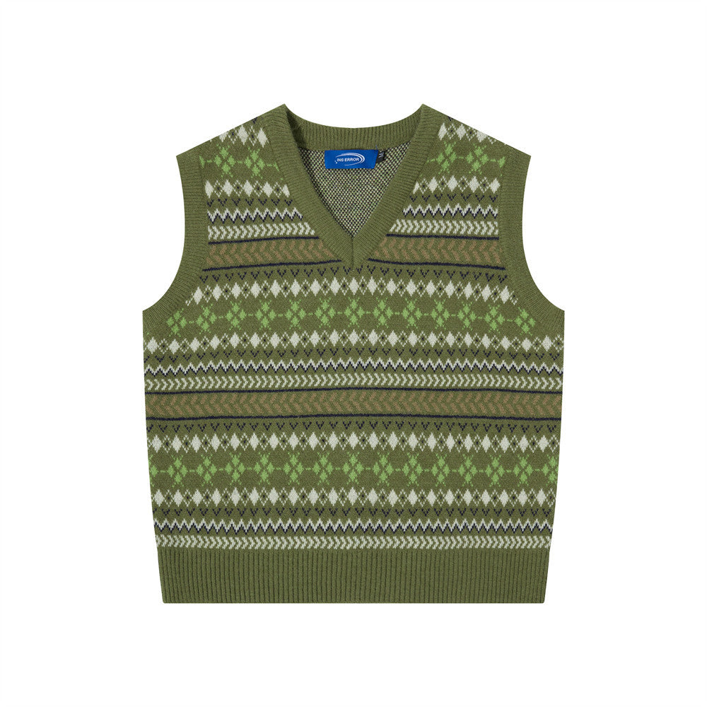 Olive green Fair Isle jacquard V-neck knit sweater vest, front view, sleeveless pullover with diamond pattern