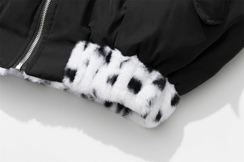 Reversible Dalmatian Print Faux Fur Bomber Jacket – Black & White Oversized