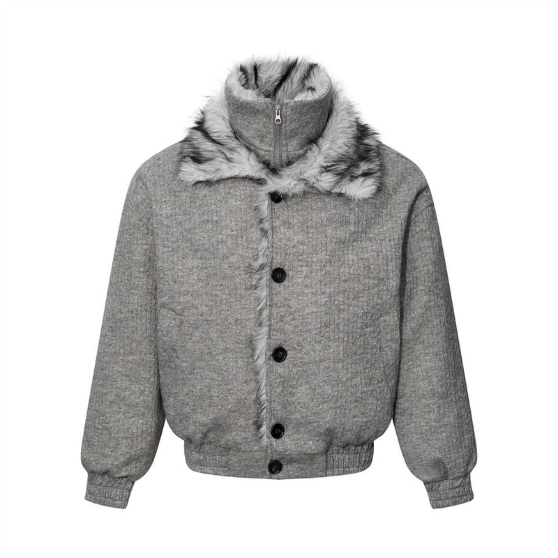 Men's Faux Fur Collar Double-Layer Knit Bomber Jacket