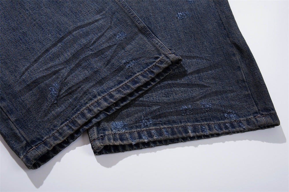 Wide-Leg Ripped Jeans – Vintage Washed Distressed Denim with Studded Patches