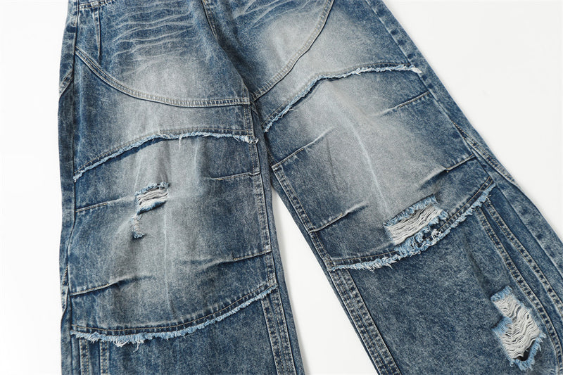 Gradient Washed Ripped Wide-Leg Jeans – Baggy Patchwork Dad Pants