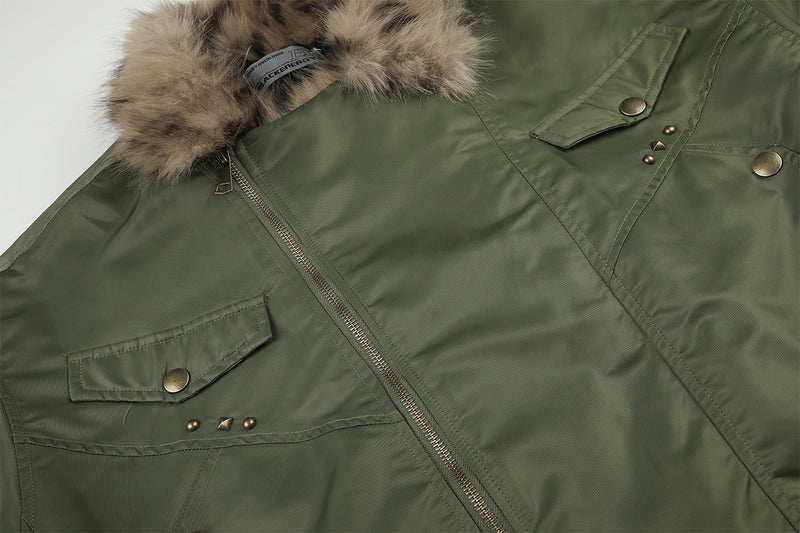 Army Green Bomber Jacket with Leopard Faux Fur Collar & Studs
