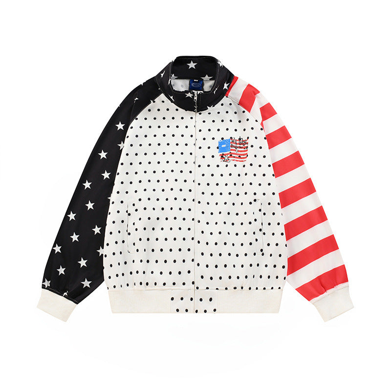 Polka Dot Colorblock Stand Collar Zip-Up Jacket – Stars & Stripes Patchwork
