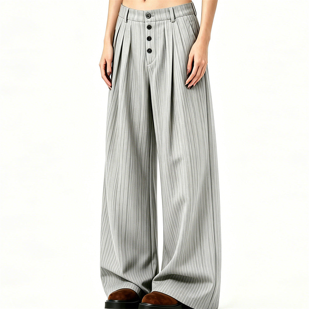 Pantalones de pierna ancha de rayas con pinzas – Corte relajado y cierre frontal de botones