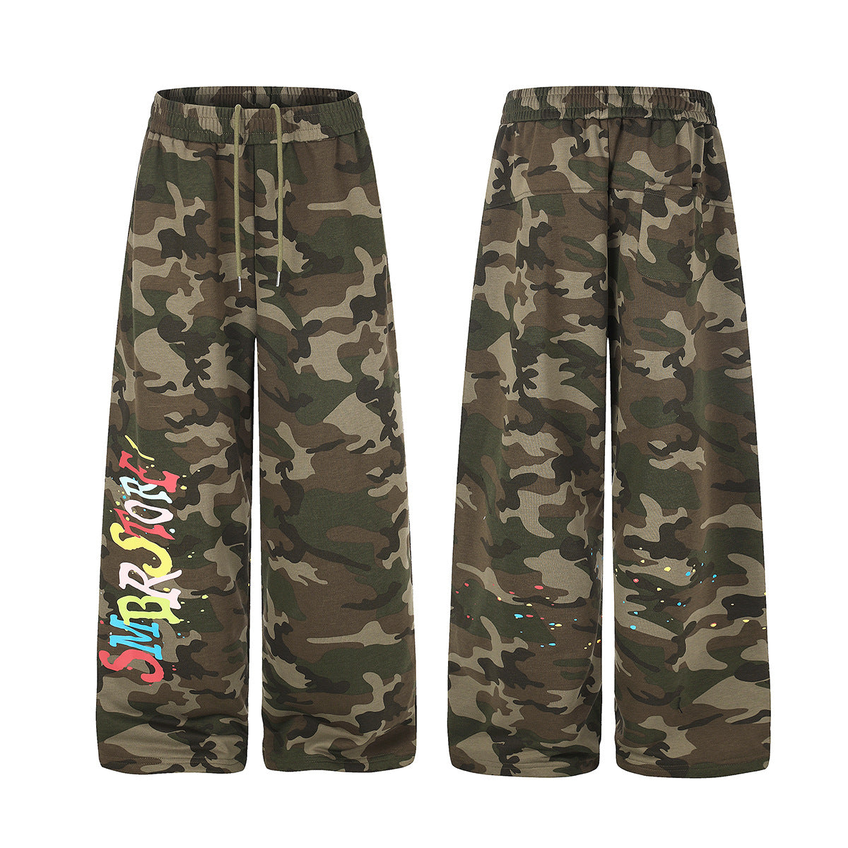 Camo-Wide-Leg-Jogginghose mit Graffiti-Schriftprint und Farbspritzern