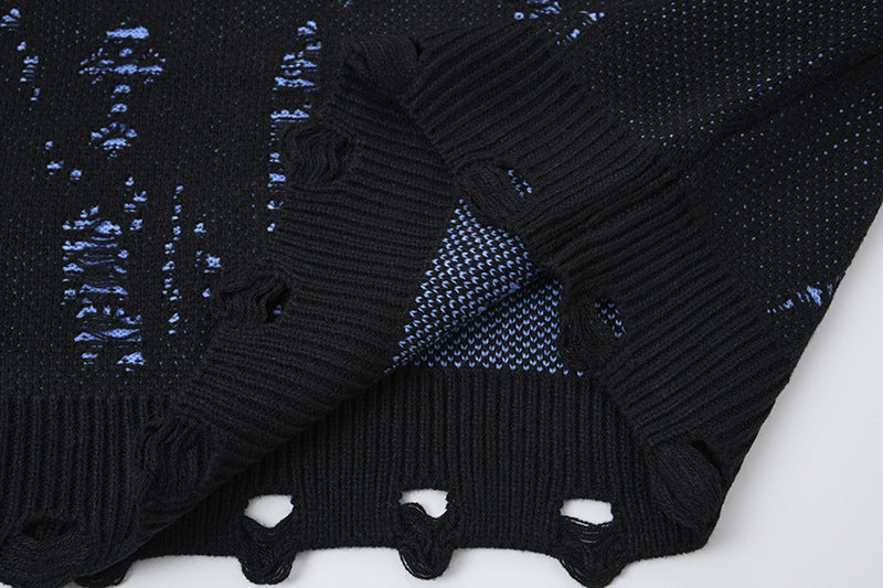 Distressed-Jacquard-Strickpullover mit Rundhalsausschnitt – Oversize-Streetwear
