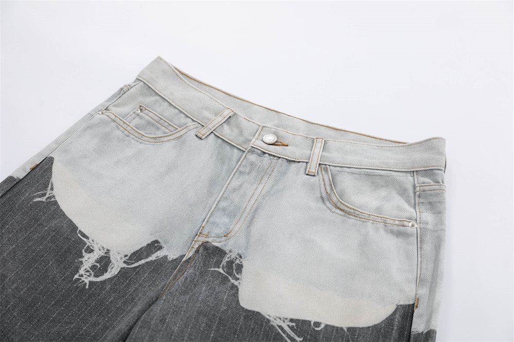 Two-Tone Distressed Wide-Leg Jeans – Contrast Wash Straight Denim