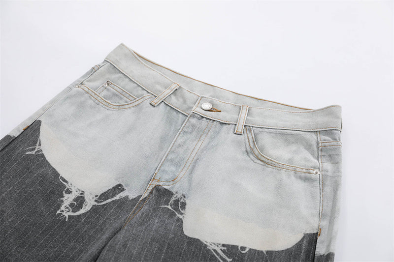 Two-Tone Distressed Wide-Leg Jeans – Contrast Wash Straight Denim