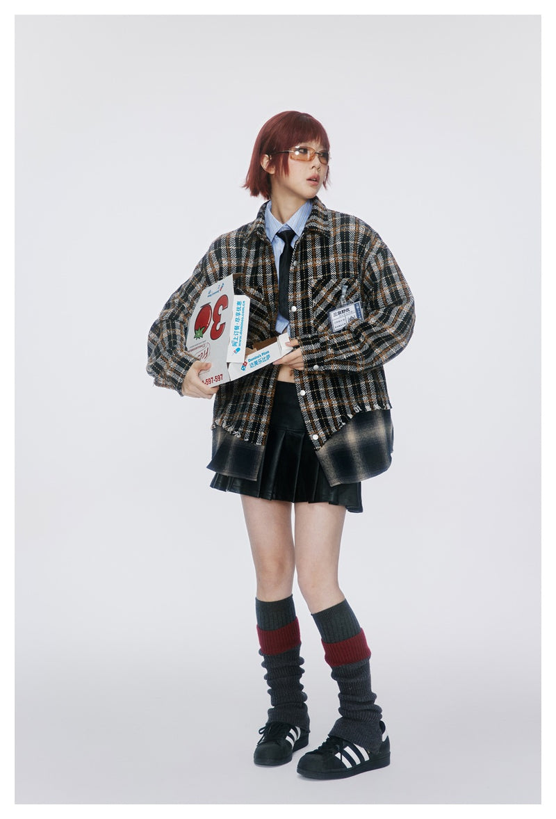 Vintage Plaid Patchwork Fringe Jacket – Oversized Unisex Overshirt