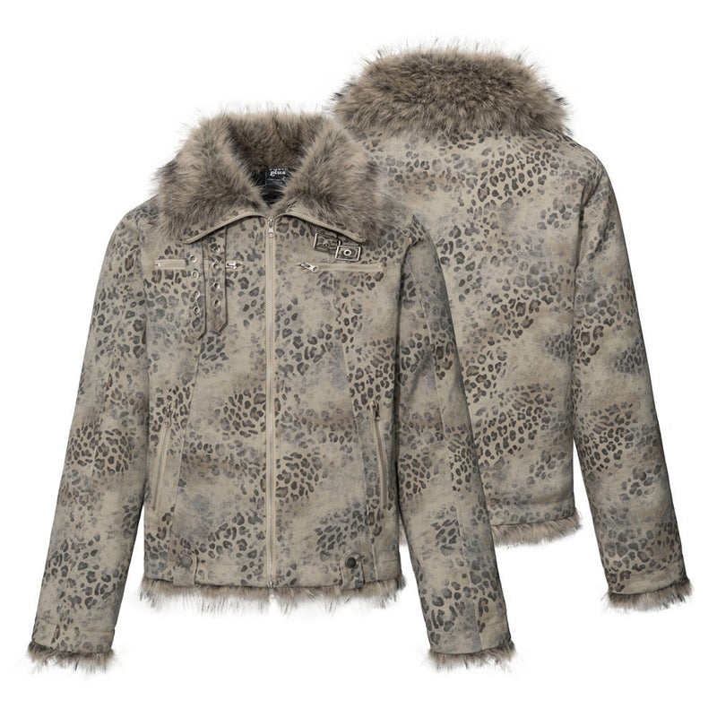 Leopard Print Zip-Up Jacket with Faux Fur Collar & Sherpa Lining