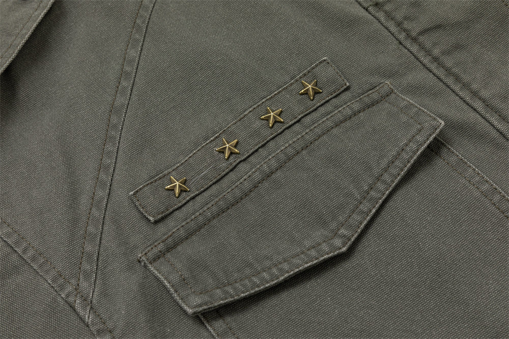 Men's Olive Military Field Jacket – Star Studs, Multi-Pocket, Drawstring Waist