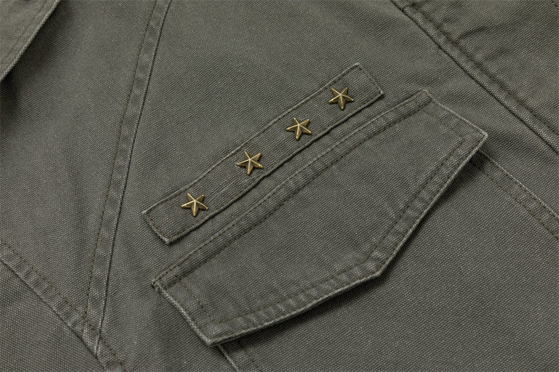 Men's Olive Military Field Jacket – Star Studs, Multi-Pocket, Drawstring Waist