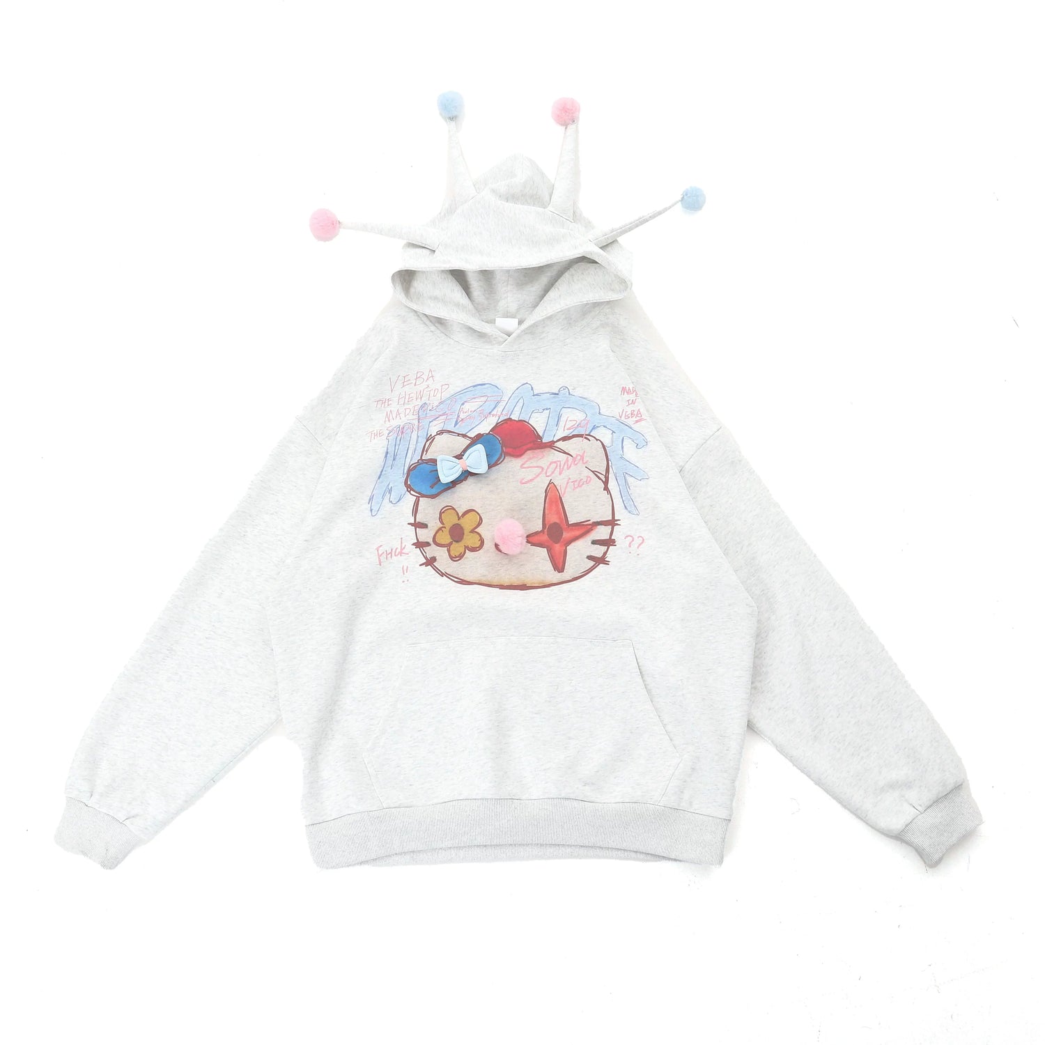 Kawaii Pom-Pom Crown Hoodie – Cute Grey Hoodie with Unique Cat Graphic and 3D Pom Details