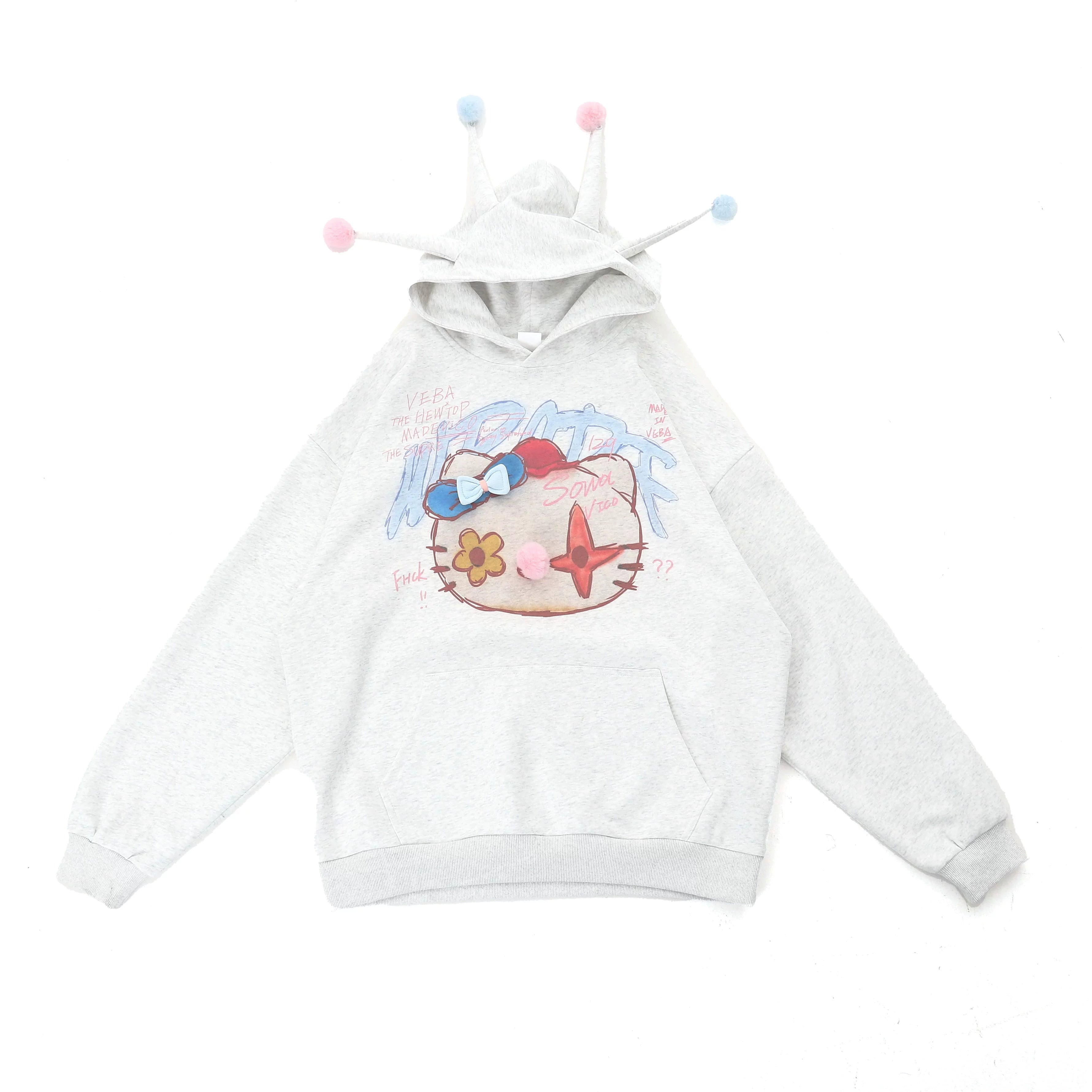 Kawaii Pom-Pom Crown Hoodie – Cute Grey Hoodie with Unique Cat Graphic and 3D Pom Details