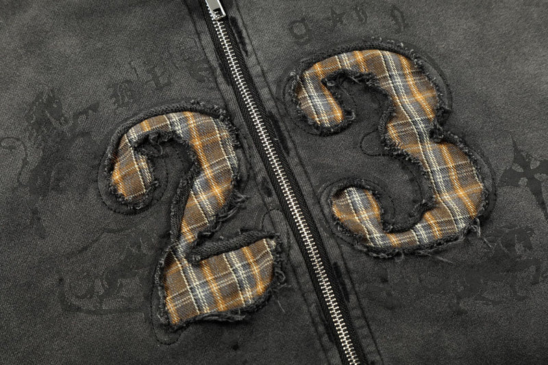 Zip-Hoodie Number 23 mit Karomuster-Applikqué und Stickerei – Gewaschener Streetwear-Look