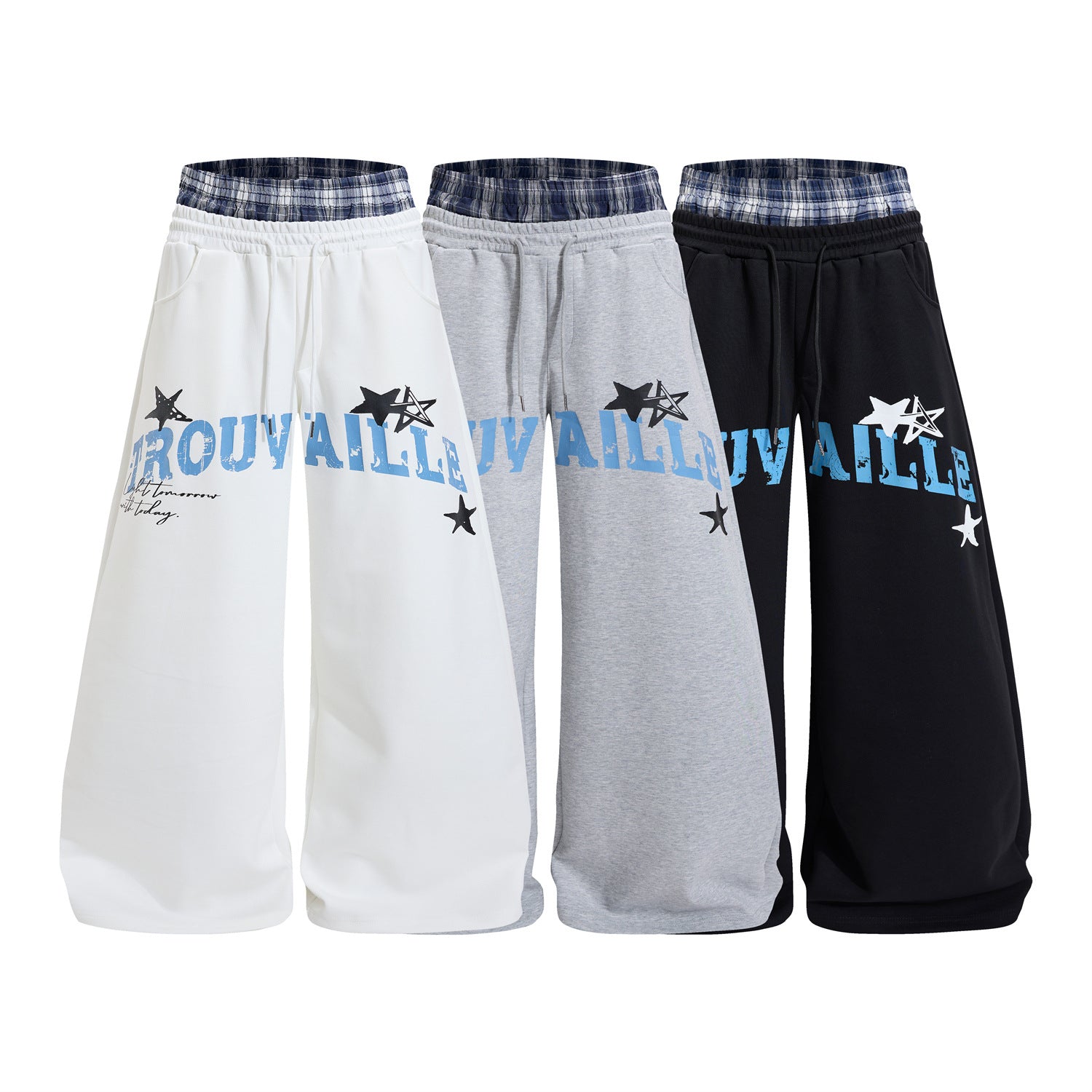 Wide-Leg Sweatpants with Plaid Waistband & Star Print – Trouvaille Graphic