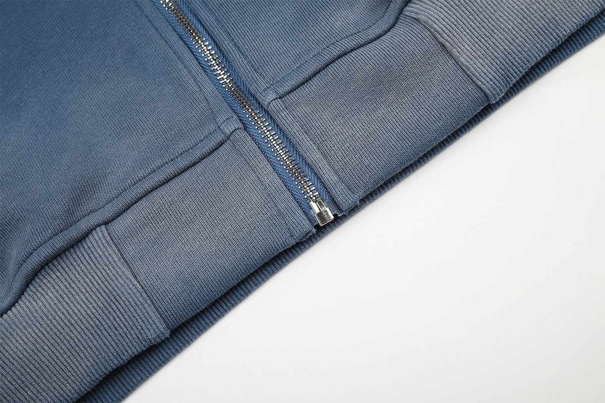 Sudadera Lavada con Cremallera y Estampado de Estrellas — Streetwear Vintage Azul Extragrande