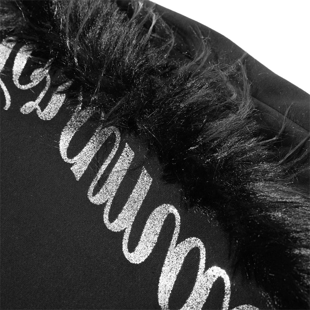 Black Baggy Wide-Leg Pants – Feather Trim & Rhinestone Script Detail