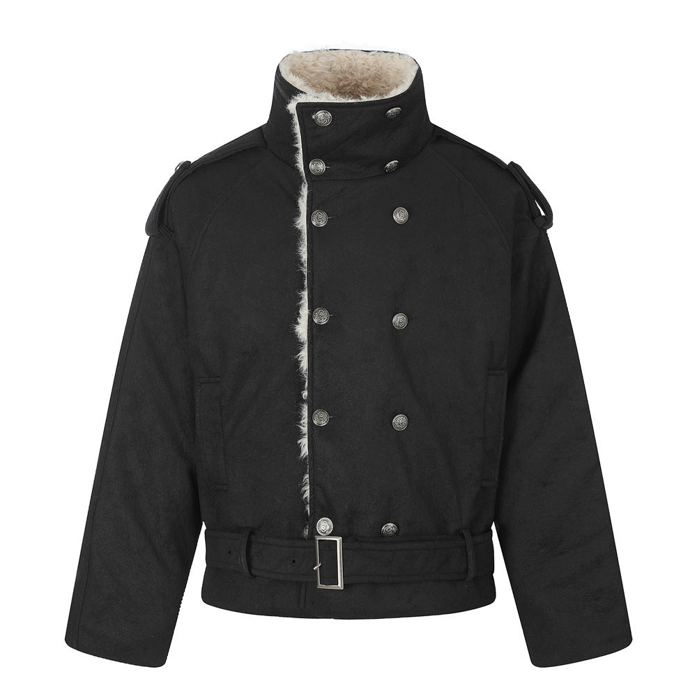 Men's Double-Breasted Sherpa-Collar Belted Jacket with Epaulettes