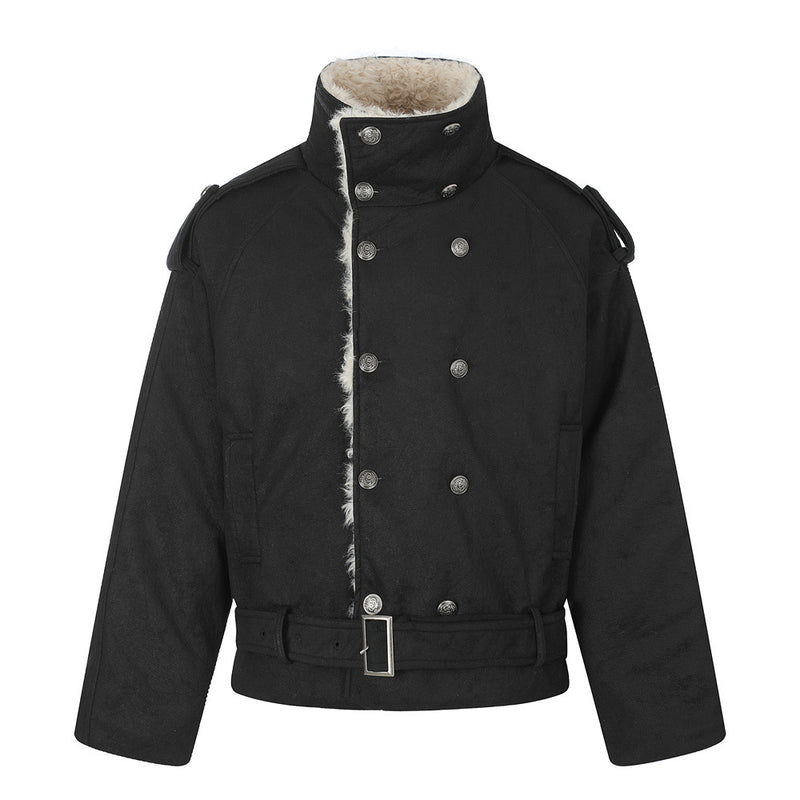 Men's Double-Breasted Sherpa-Collar Belted Jacket with Epaulettes