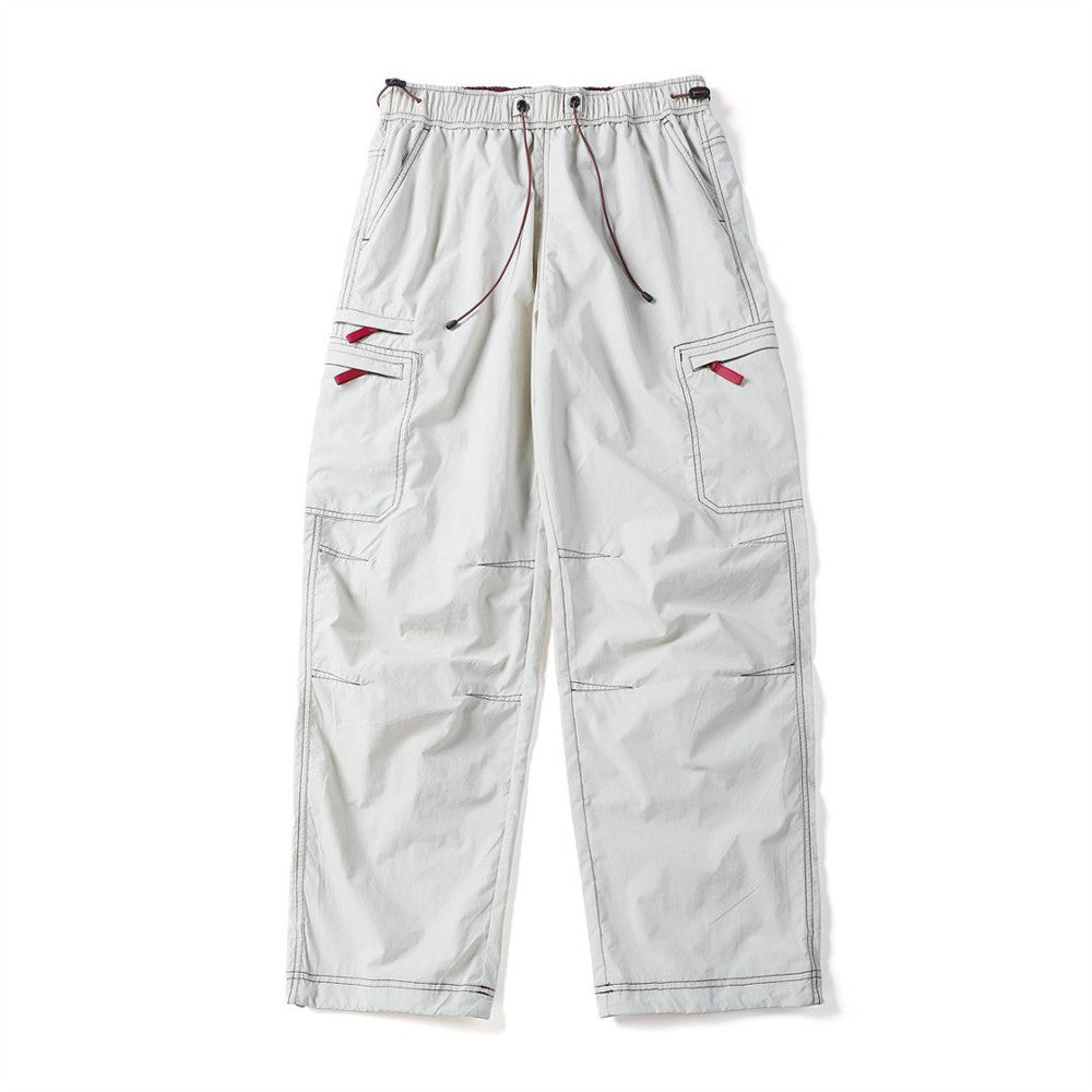 Wide-leg multi-pocket cargo work pants for men in light gray, black, and army green with contrast stitching and drawstring wa