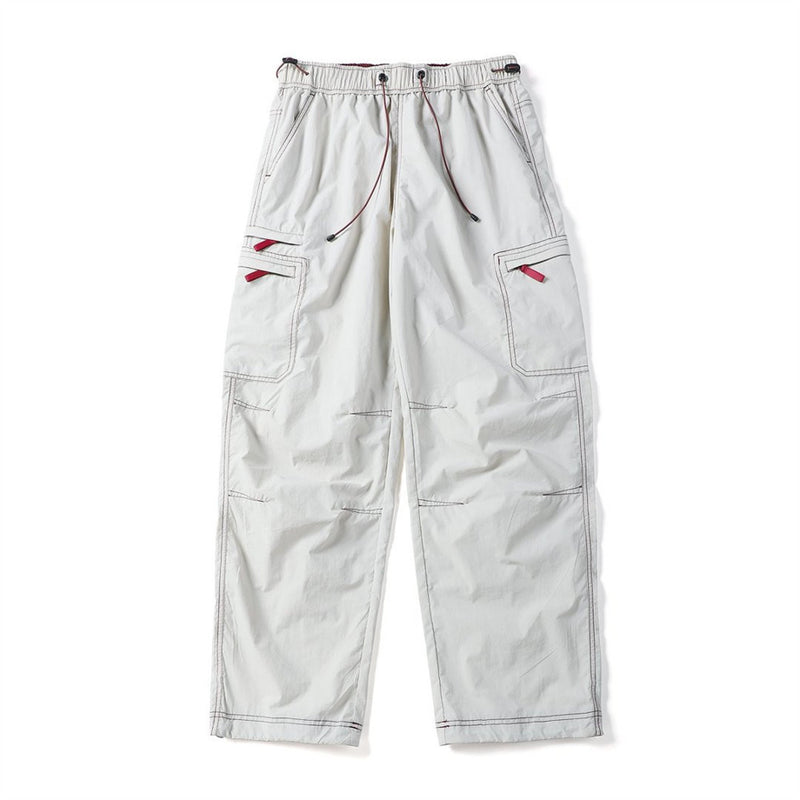 Wide-leg multi-pocket cargo work pants for men in light gray, black, and army green with contrast stitching and drawstring wa