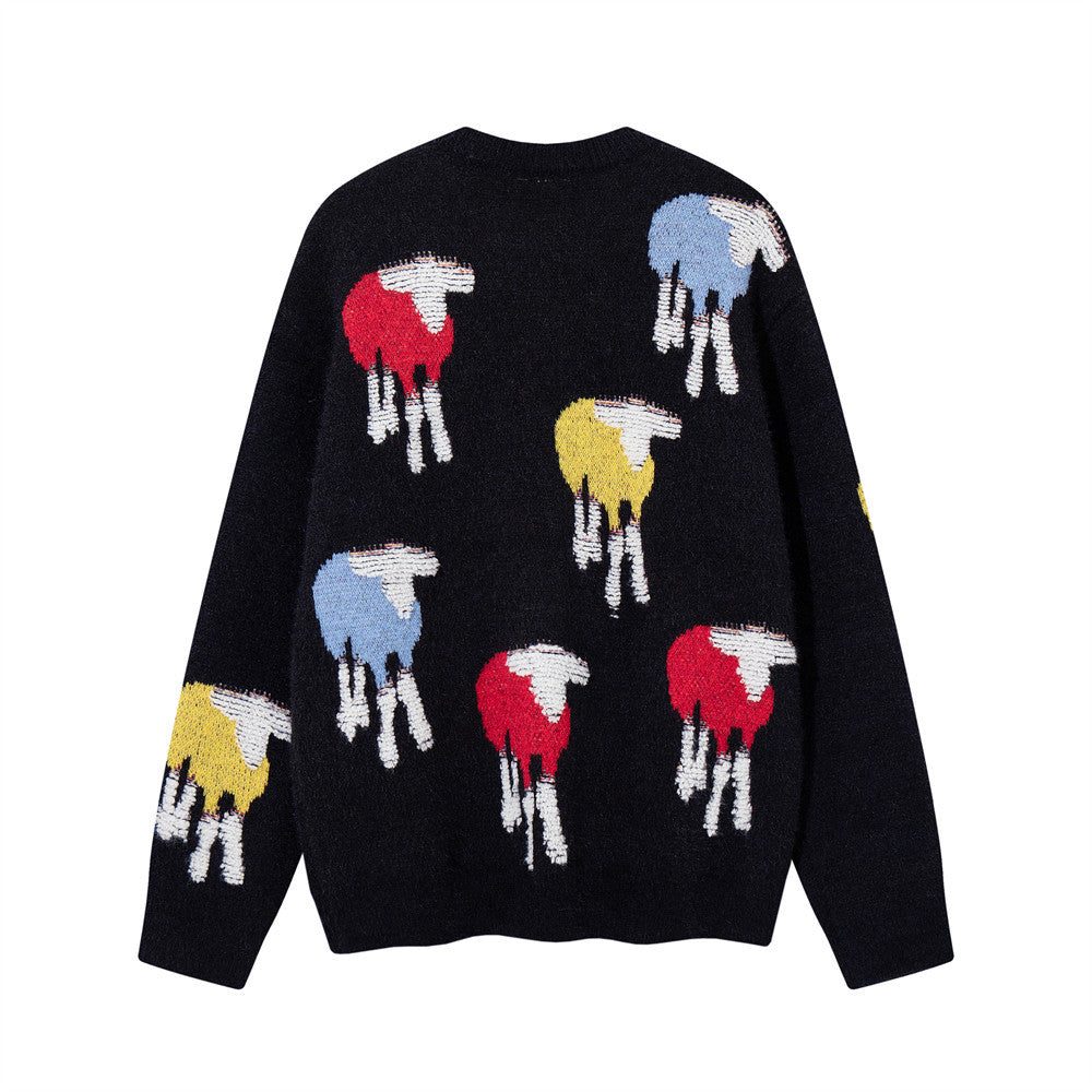 Jersey de cuello redondo para hombre con punto jacquard de ovejas coloridas y corte relajado