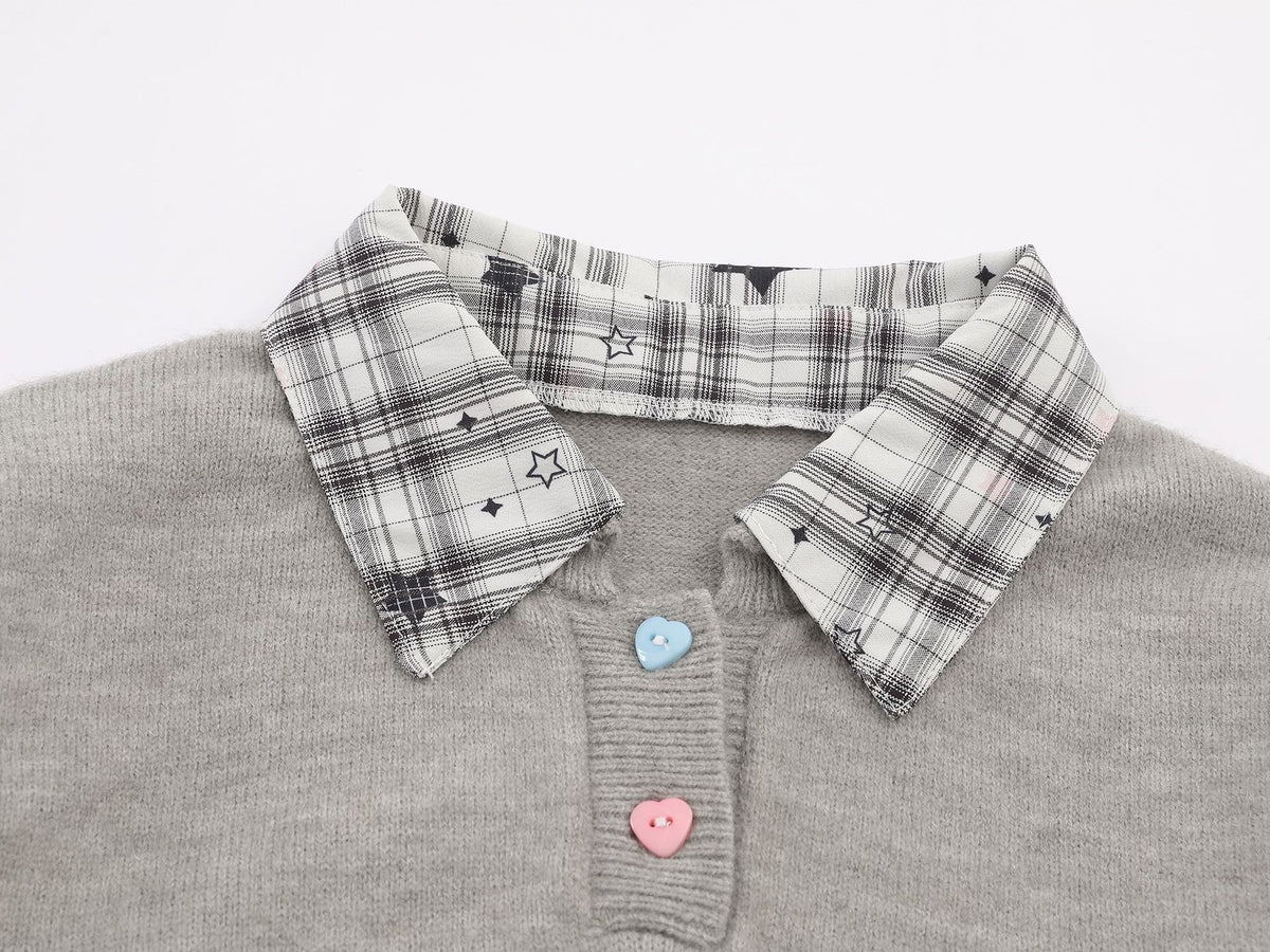 Sweet Cat Fuzzy Knit Sweater with Plaid Shirt Layered Pullover