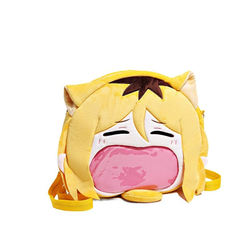 The Seakoff Haikyuu!! Miya Atsumu Plush Shoulder Bag features a fun anime design in yellow, with ears, closed eyes, blushing cheeks, and a transparent mouth pocket. The yellow straps make it perfect for fans of Miya Atsumu.