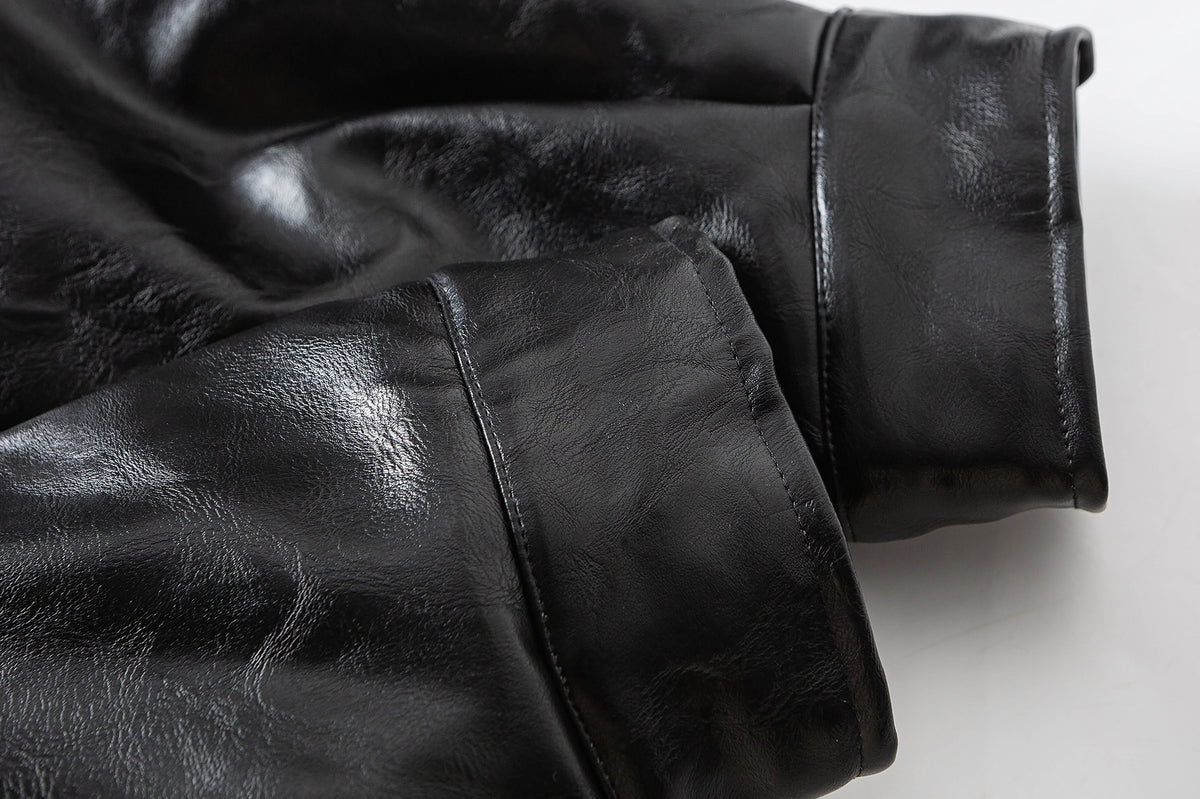 Men's Faux Shearling Collar Leather Bomber Jacket – Oversized Black Winter