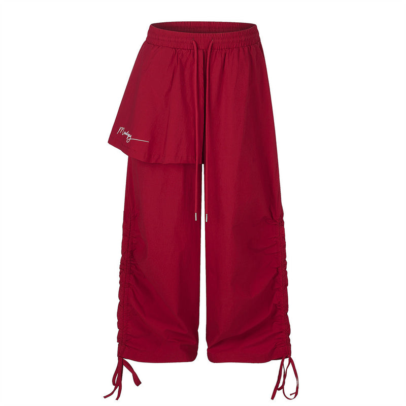 Wide-Leg Parachute Pants with Ruched Side Drawstring & Layered Flap Detail
