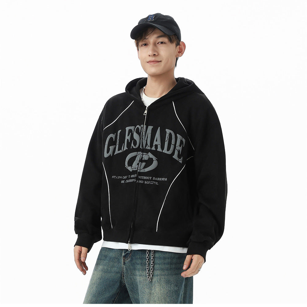 GLFSMADE Letter Print Zip-Up Hoodie – Double-Zip Oversized Streetwear Jacket
