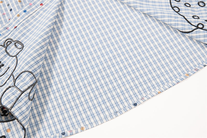 Men's Plaid Long Sleeve Shirt with Cartoon Dog Embroidery and Colorful Polka Dot