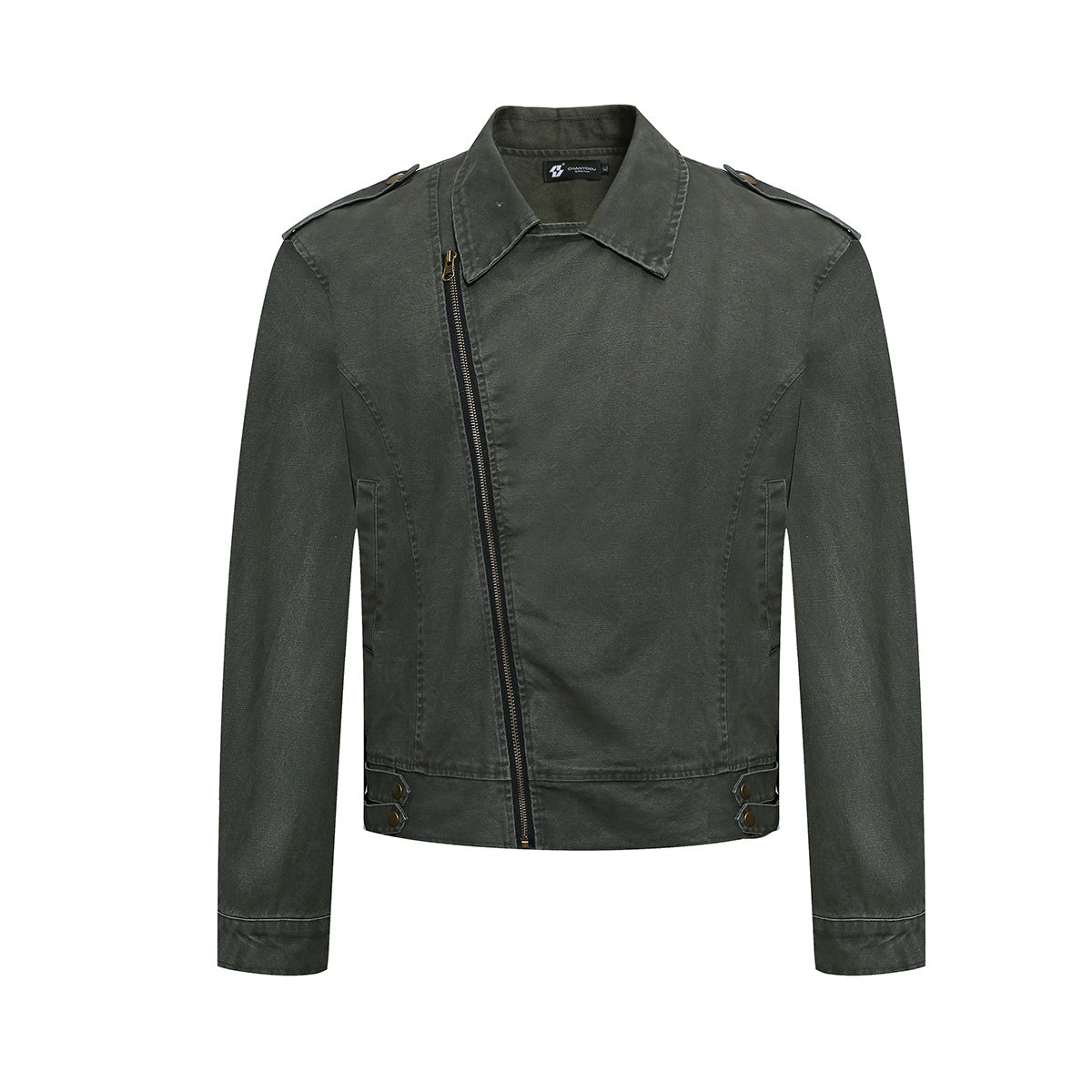 Men's Washed Asymmetric-Zip Moto Jacket with Epaulettes