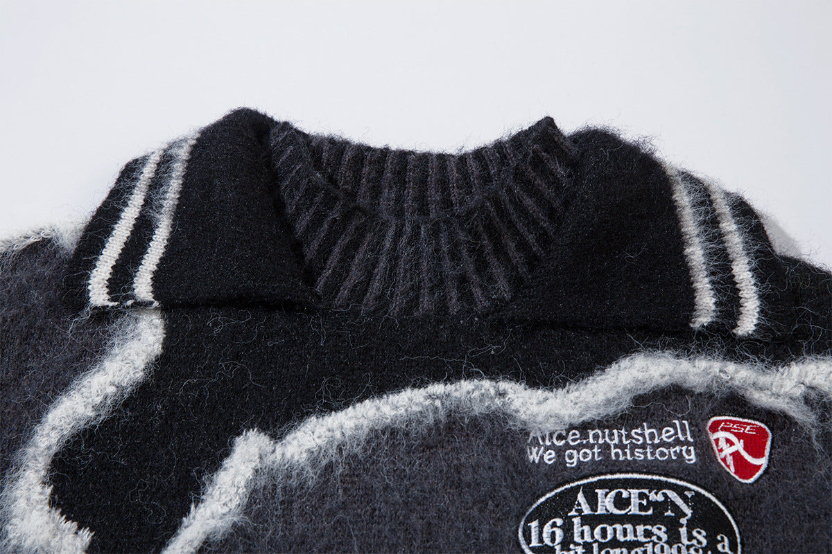 Abstract Camo Jacquard Polo Collar Knit Sweater – Oversized Streetwear Pullover