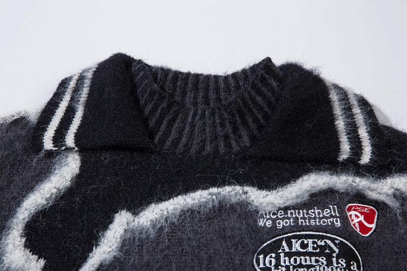 Abstract Camo Jacquard Polo Collar Knit Sweater – Oversized Streetwear Pullover