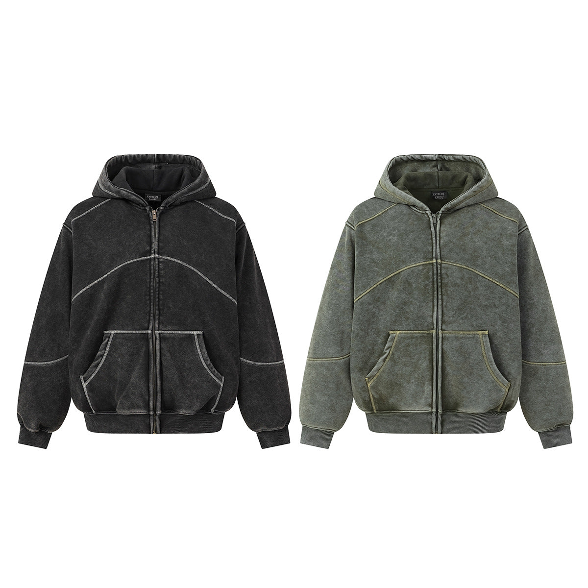 Zip Up Fleece Hoodie – Acid Wash Oversized Contrast Stitch