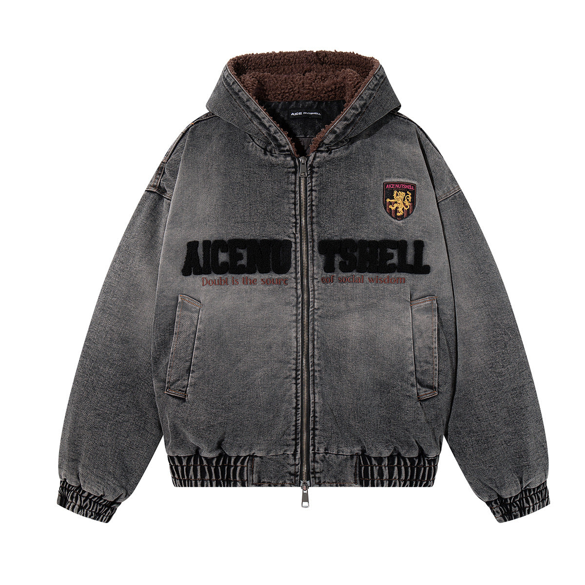 Aice Nutsbell washed denim padded hoodie jacket with chenille embroidered lettering and brown sherpa collar in charcoal grey